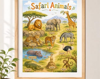 Safari Animals Poster | Immersive Watercolor Educational Printable | Nursery & Preschool Wall Art