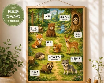 Japanese Woodland Animals Poster | Hiragana & Romaji Learning Chart | Instant Download PDF