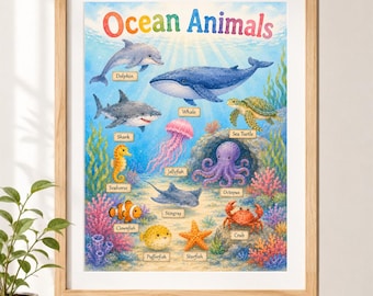 Ocean Animals Poster | Immersive Watercolor Educational Printable | Nursery & Preschool Wall Art