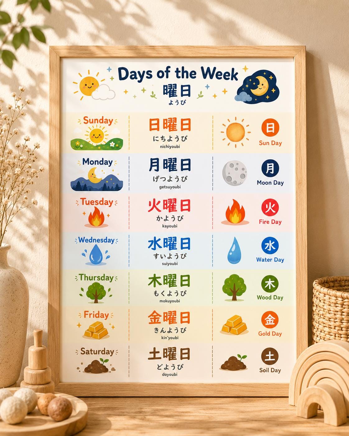 Japanese Week Japanese Days of the Week Poster | Kanji, Hiragana, Romaji Learning ...