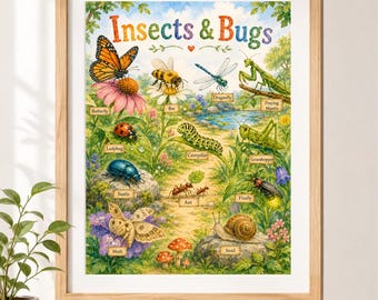 Insects & Bugs Animals Poster | Immersive Watercolor Educational Printable | Nursery and Preschool Wall Art