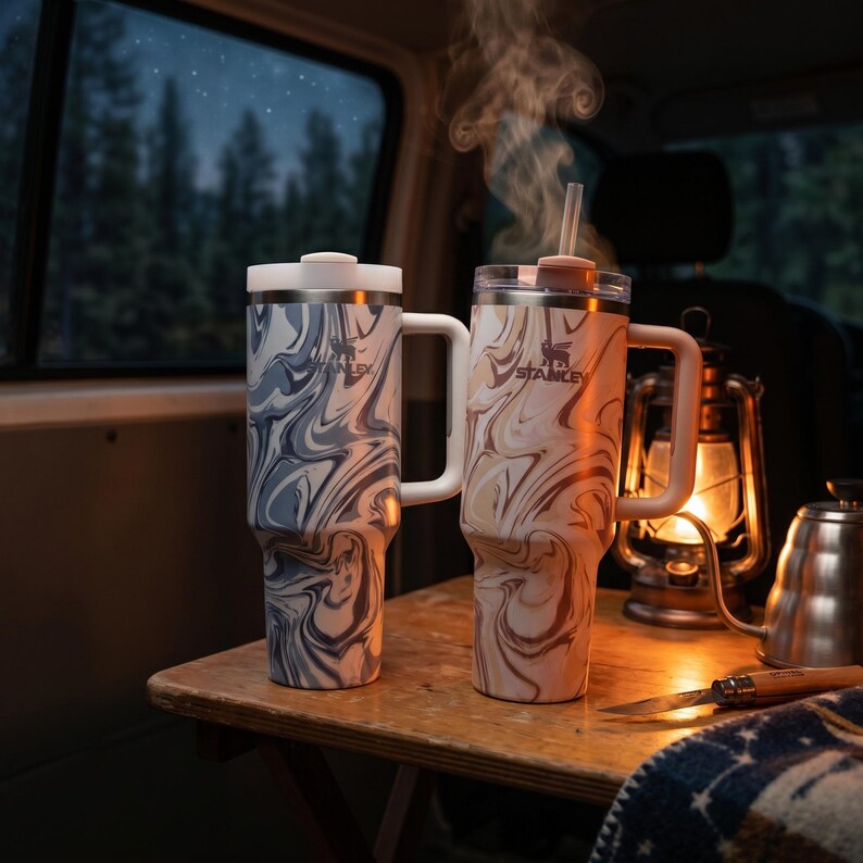 May include: Two insulated travel mugs with handles, featuring a marbled pattern in shades of blue, white, and beige. One mug has a white lid, the other a clear lid with a straw. The mugs are on a wooden table, with steam rising from one.