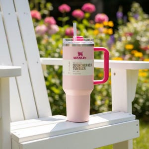 May include: A pink Stanley Quencher H2.0 tumbler with a pink handle and straw sits on a white chair. The tumbler has the Stanley logo and product information printed on a white label. The background features colorful flowers.