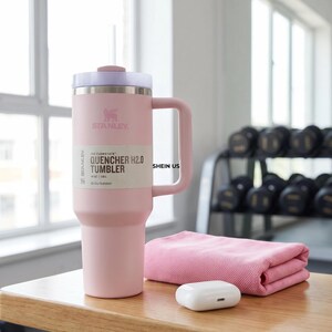 K&ouml;nnte beinhalten: Ein rosa Stanley Quencher H2.0 Becher mit Griff, Strohhalm und Deckel. Der Becher hat das Stanley-Logo und Produktinformationen auf der Vorderseite. Ein rosa Handtuch und ein wei&szlig;es kabelloses Kopfh&ouml;rer-Etui liegen neben dem Becher.