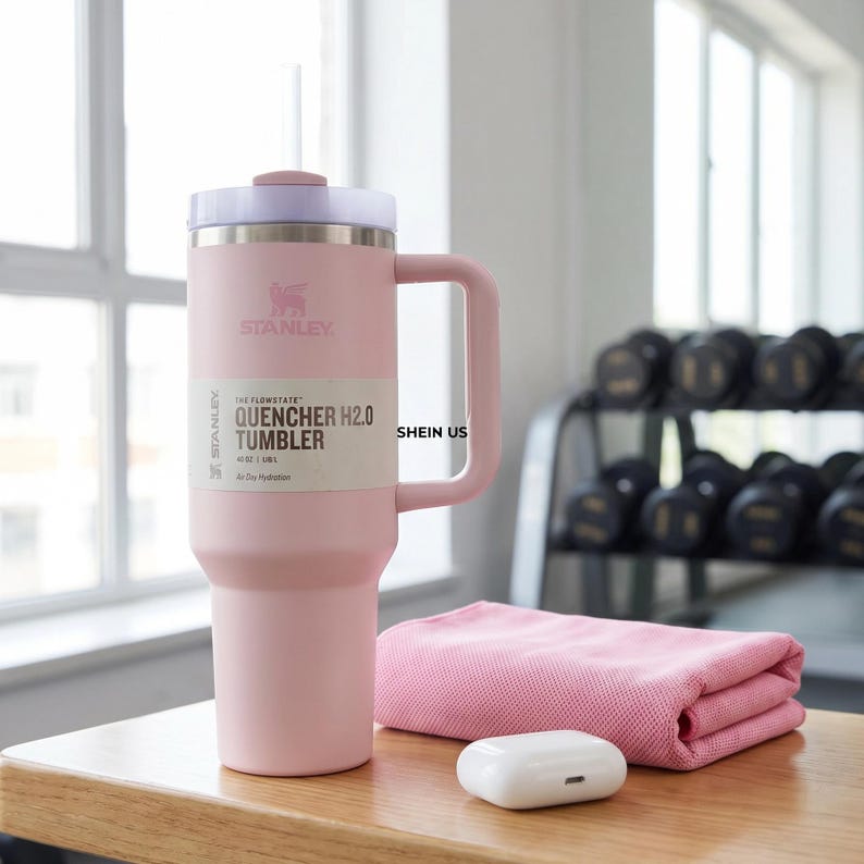 K&ouml;nnte beinhalten: Ein rosa Stanley Quencher H2.0 Becher mit Griff, Strohhalm und Deckel. Der Becher hat das Stanley-Logo und Produktinformationen auf der Vorderseite. Ein rosa Handtuch und ein wei&szlig;es kabelloses Kopfh&ouml;rer-Etui liegen neben dem Becher.