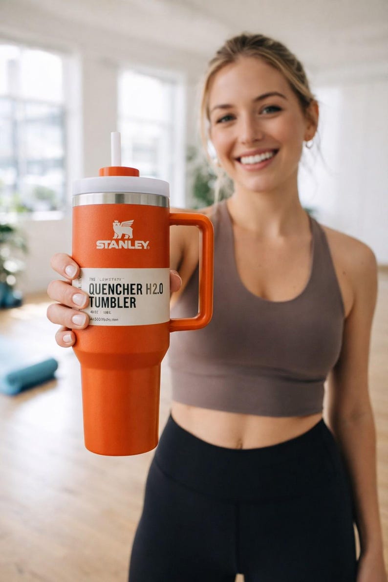 May include: Orange Stanley Quencher H2.0 Tumbler with a white lid and handle. The tumbler has the Stanley logo and product information printed on the front. It is designed to hold 40 oz. of liquid and includes a straw.