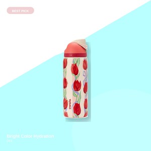 May include: A floral water bottle with a red and cream tulip pattern. The bottle has a red lid and a white spout. The text "owala" is printed on the side. The words "Bright Color Hydration" and the number "019" are at the bottom.