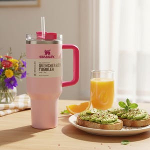May include: A pink Stanley Quencher H2.0 tumbler with a pink handle and lid, and a clear straw. The tumbler is on a wooden table next to a glass of orange juice and avocado toast. The tumbler has the Stanley logo and text.