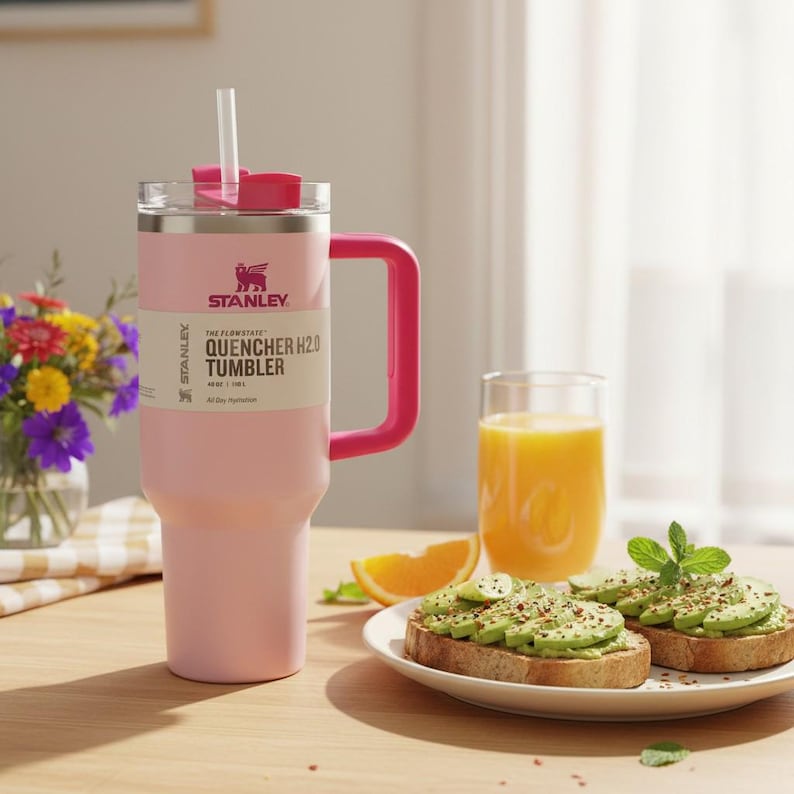May include: A pink Stanley Quencher H2.0 tumbler with a pink handle and lid, and a clear straw. The tumbler is on a wooden table next to a glass of orange juice and avocado toast. The tumbler has the Stanley logo and text.