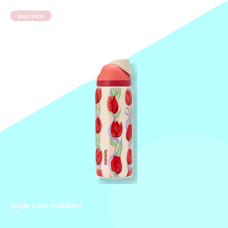 May include: A floral water bottle with a red and cream tulip pattern. The bottle has a red lid and a white flip-top. The text "owala" is printed on the side. The words "Bright Color Hydration" and the number "019" are at the bottom.