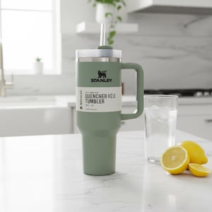 May include: A green Stanley Quencher H2.0 tumbler with a handle and straw, next to a glass of water and sliced lemons. The tumbler has the Stanley logo and product information printed on it. The tumbler is approximately 23 cm tall.