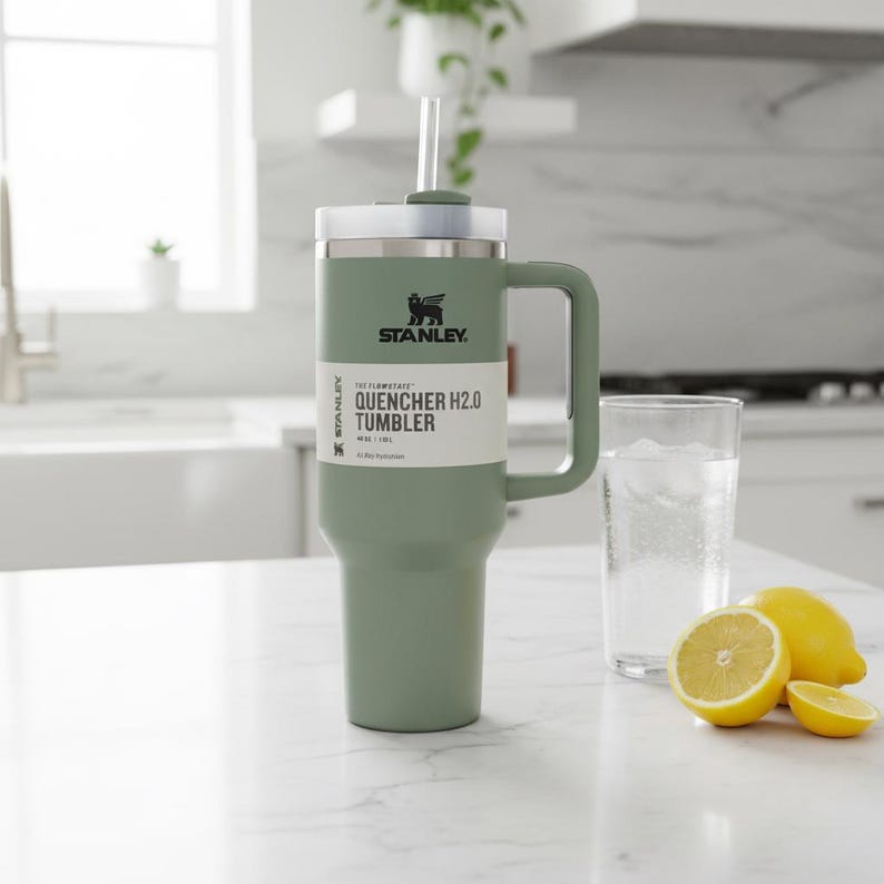 May include: A green Stanley Quencher H2.0 tumbler with a handle and straw, next to a glass of water and sliced lemons. The tumbler has the Stanley logo and product information printed on it. The tumbler is approximately 23 cm tall.