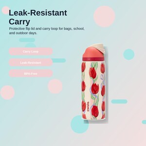 May include: A floral-patterned water bottle with a red and cream color scheme. The bottle features a flip lid, carry loop, and the text "Leak-Resistant Carry". The design includes red tulips and blue ribbons on a cream background. The bottle is BPA-free.