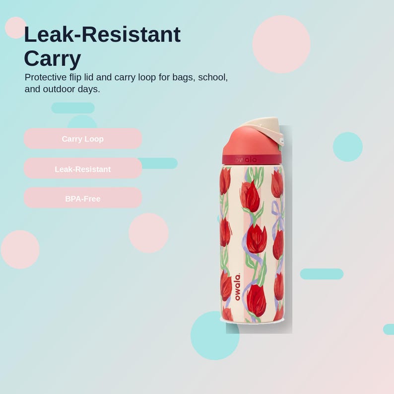 May include: A floral-patterned water bottle with a red and cream color scheme. The bottle features a flip lid, carry loop, and the text "Leak-Resistant Carry". The design includes red tulips and blue ribbons on a cream background. The bottle is BPA-free.