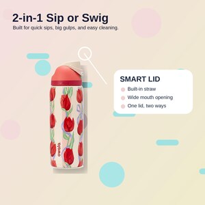 May include: A floral-patterned Owala water bottle with a red lid. The bottle features a cream background with red tulip illustrations and the text "owala." The lid is red and has a built-in straw. The bottle is designed for quick sips and easy cleaning.