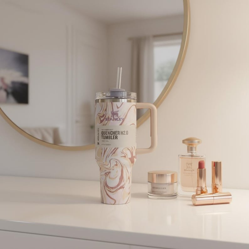K&ouml;nnte beinhalten: Ein gro&szlig;er, isolierter Becher mit Griff und Strohhalm, mit einem Wirbelmuster aus Wei&szlig;, Beige und Braun. Der Becher tr&auml;gt den Text "QUENCHER H2.0 TUMBLER". Daneben befinden sich Sch&ouml;nheitsprodukte, darunter Lippenstifte und Parf&uuml;m.
