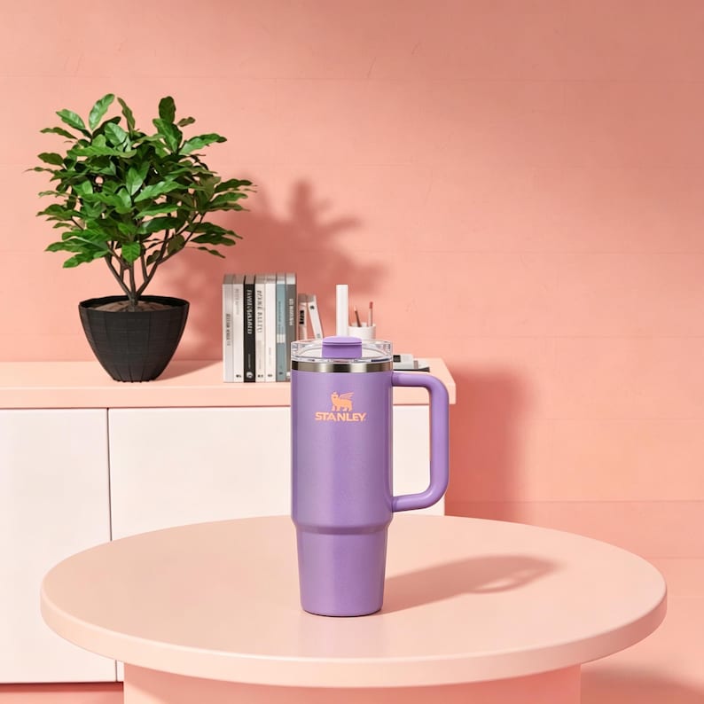 May include: A lavender Stanley tumbler with a handle sits on a pink table. The tumbler has a silver rim and a logo. A green plant in a black pot and a white cabinet are in the background.