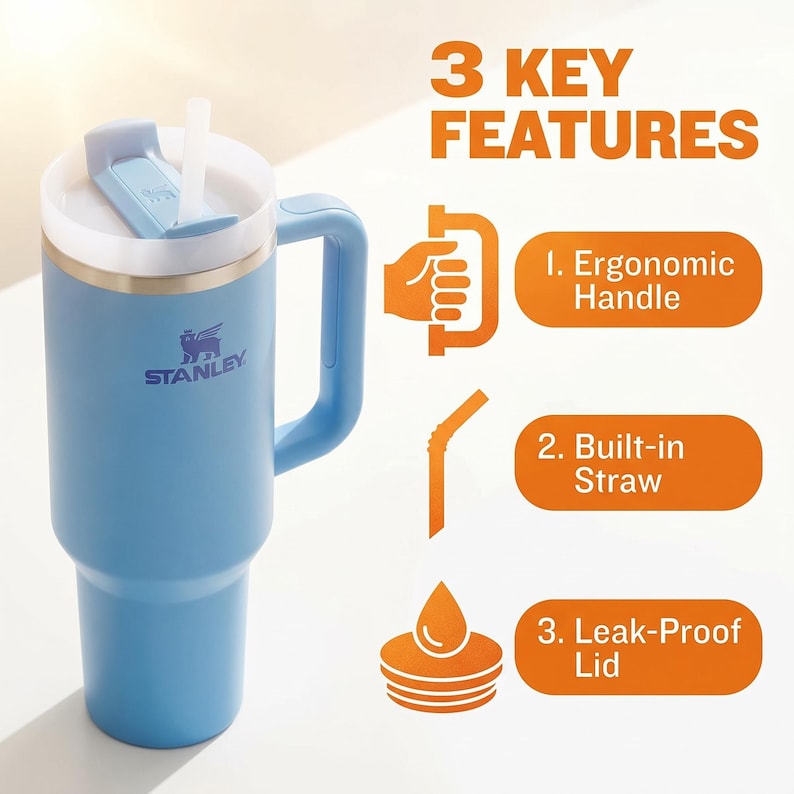 May include: A light blue Stanley tumbler with a white lid and a built-in straw. The tumbler has an ergonomic handle and features the text "3 KEY FEATURES" with descriptions: ergonomic handle, built-in straw, and leak-proof lid.