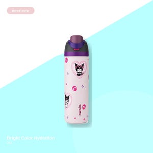 Pode incluir: Uma garrafa de &aacute;gua Owala rosa claro com tampa roxa e design de personagem preto e rosa. A garrafa apresenta um padr&atilde;o de cora&ccedil;&atilde;o e caveira. As palavras "Bright Color Hydration" est&atilde;o na parte inferior.