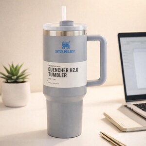 May include: A gray Stanley Quencher H2.0 tumbler with a handle, straw, and lid. The tumbler has the Stanley logo and product information printed on it. The tumbler is 40 oz.