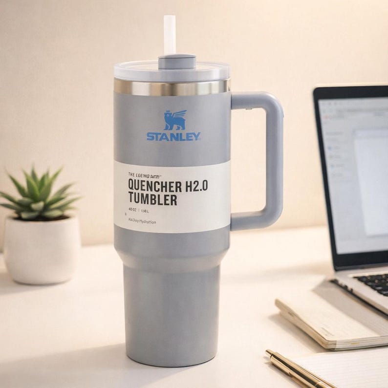 May include: A gray Stanley Quencher H2.0 tumbler with a handle, straw, and lid. The tumbler has the Stanley logo and product information printed on it. The tumbler is 40 oz.