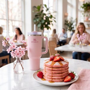 K&ouml;nnte beinhalten: Ein rosa Stanley-Becher mit Griff und Strohhalm steht neben einem Stapel Pfannkuchen mit Erdbeeren und Sirup. Eine kleine Vase mit rosa Blumen und ein Teller mit Pfannkuchen stehen auf einem wei&szlig;en Tisch. Der Hintergrund zeigt ein Caf&eacute;.