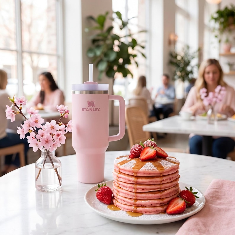 K&ouml;nnte beinhalten: Ein rosa Stanley-Becher mit Griff und Strohhalm steht neben einem Stapel Pfannkuchen mit Erdbeeren und Sirup. Eine kleine Vase mit rosa Blumen und ein Teller mit Pfannkuchen stehen auf einem wei&szlig;en Tisch. Der Hintergrund zeigt ein Caf&eacute;.