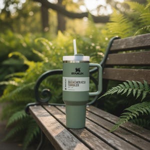 May include: A green Stanley Quencher H2.0 tumbler with a white lid and straw rests on a wooden bench. The tumbler has a handle and a white label with the text "QUENCHER H2.0 TUMBLER". The background features green foliage.