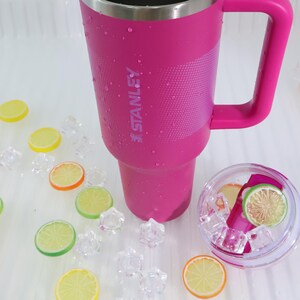 Puede incluir: Un termo de viaje Stanley rosa brillante con asa. El termo tiene un agarre texturizado y el logotipo de Stanley. La tapa transparente contiene hielo y rodajas de fruta. Rodajas decorativas de lim&oacute;n y lima y cubitos de hielo est&aacute;n esparcidos.