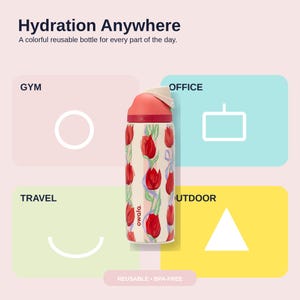 May include: A reusable Owala water bottle with a red lid and a floral pattern of red tulips on a cream background. The bottle is designed for hydration anywhere, with text indicating use at the gym, office, travel, and outdoors.