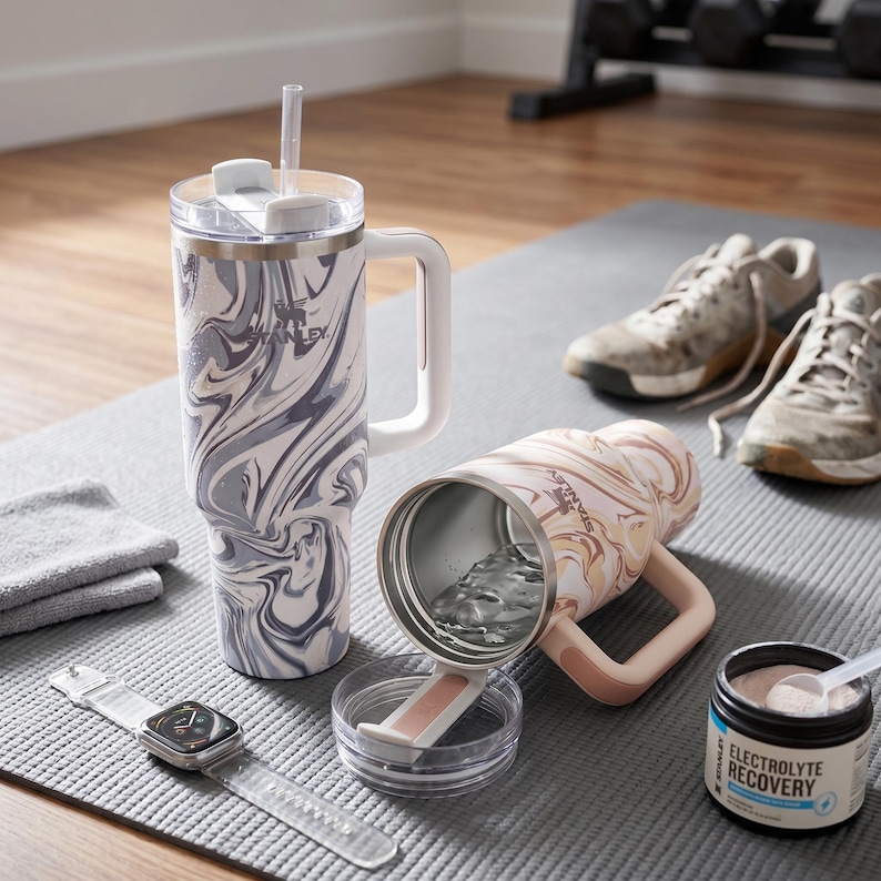 May include: Two insulated tumblers with handles, one upright and one tipped over, showcasing a marble pattern in gray, white, and beige. A clear lid and straw are visible. Other items include a smartwatch, a jar of electrolyte powder, and a pair of sneakers.