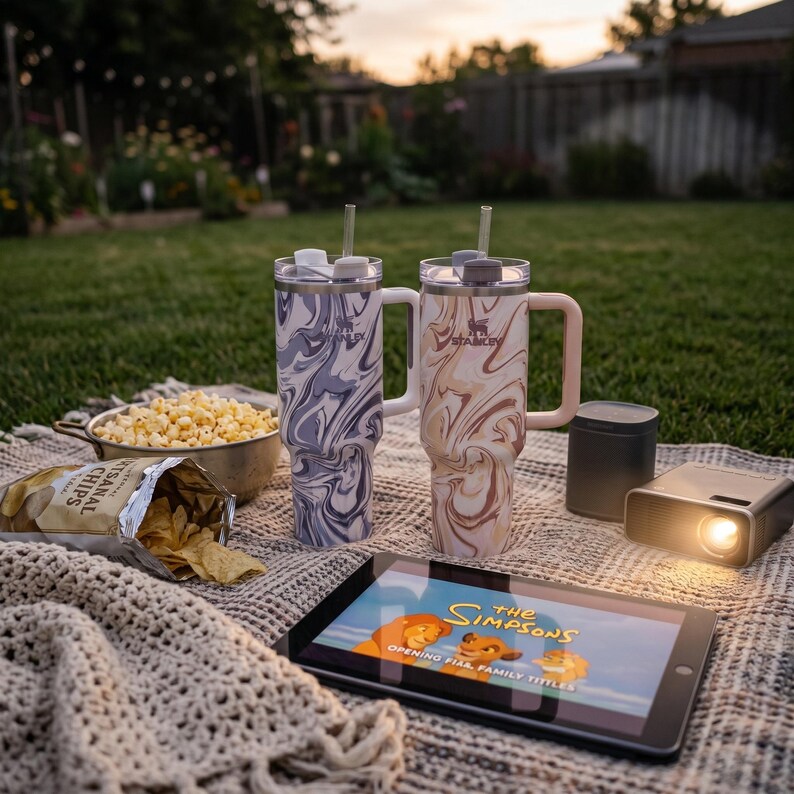 May include: Two Stanley tumblers with marble swirl patterns, one in lavender and the other in beige, sit on a blanket with snacks. A tablet displays a movie scene, and a small projector is nearby, suggesting an outdoor movie night.