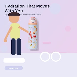 May include: A light blue insulated water bottle with a seafood-themed pattern, including a lobster, shrimp, and seashells. The bottle has a pink lid and the text "Hydration That Moves With You". It is designed for gym, walks, errands, and everyday routines.