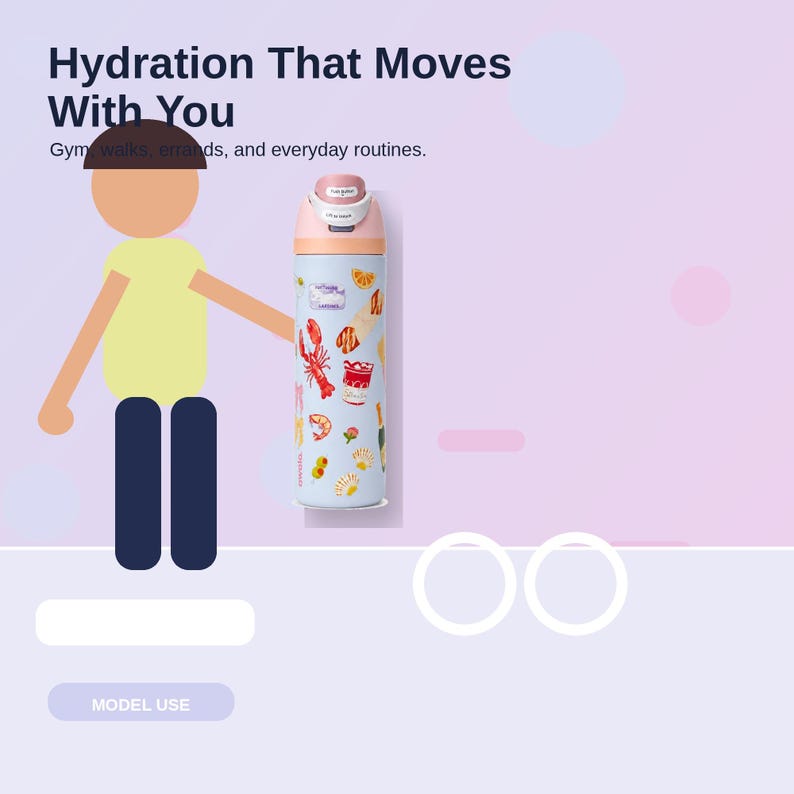 May include: A light blue insulated water bottle with a seafood-themed pattern, including a lobster, shrimp, and seashells. The bottle has a pink lid and the text "Hydration That Moves With You". It is designed for gym, walks, errands, and everyday routines.