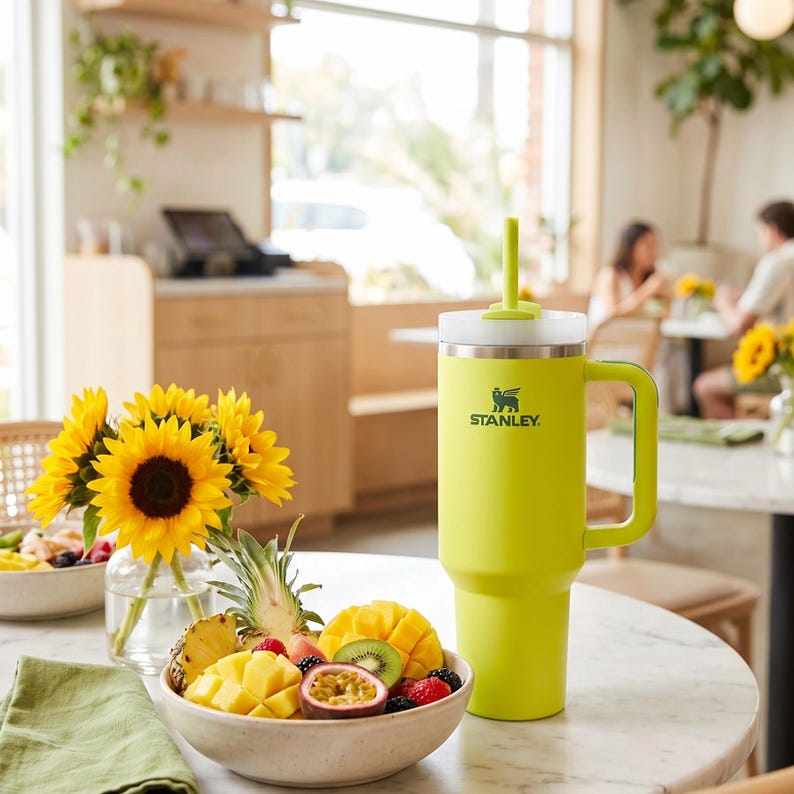 Op de afbeelding: Een felgele Stanley-beker met een witte deksel en handvat, met het Stanley-logo. De beker staat op een marmeren tafel naast een fruitschaal en een vaas met zonnebloemen. De achtergrond toont een caf&eacute;.