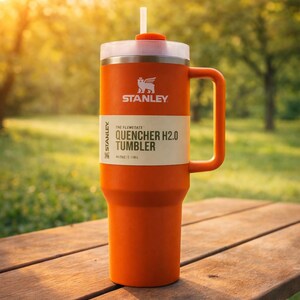 May include: An orange Stanley Quencher H2.0 Tumbler with a white lid and handle, sitting on a wooden bench. The tumbler has a straw and a white label with the text "QUENCHER H2.0 TUMBLER". The background is a blurred green park.