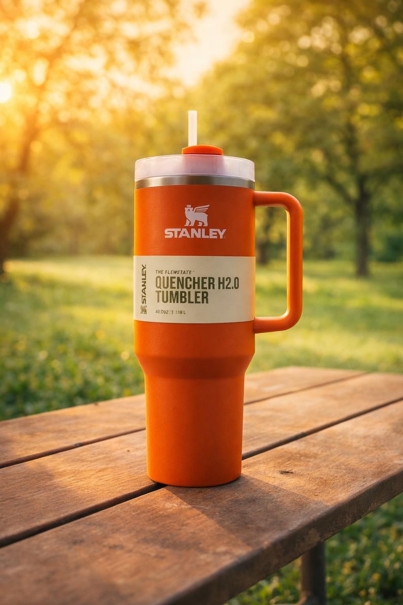 May include: An orange Stanley Quencher H2.0 Tumbler with a white lid and handle, sitting on a wooden bench. The tumbler has a straw and a white label with the text "QUENCHER H2.0 TUMBLER". The background is a blurred green park.