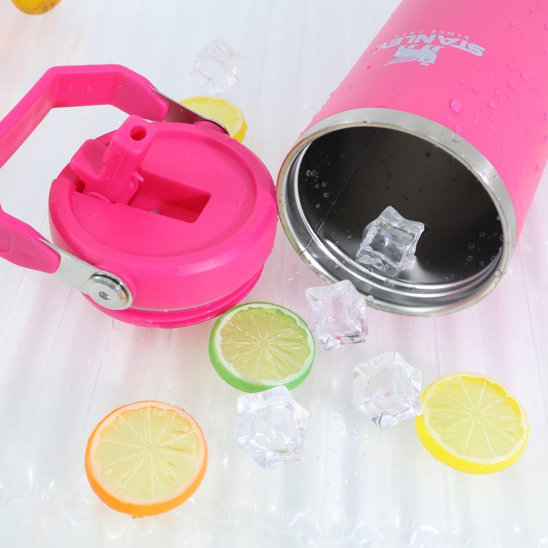 May include: A pink insulated water bottle with a matching lid and handle. The lid is open, revealing the interior. Ice cubes and lemon slices are scattered around the bottle, suggesting a refreshing drink.