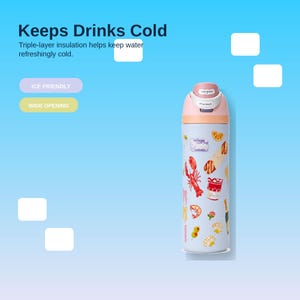 May include: A light blue insulated water bottle with a pink lid and a white body decorated with food illustrations. The bottle has the text "Keeps Drinks Cold" and "Ice Friendly" and "Wide Opening".
