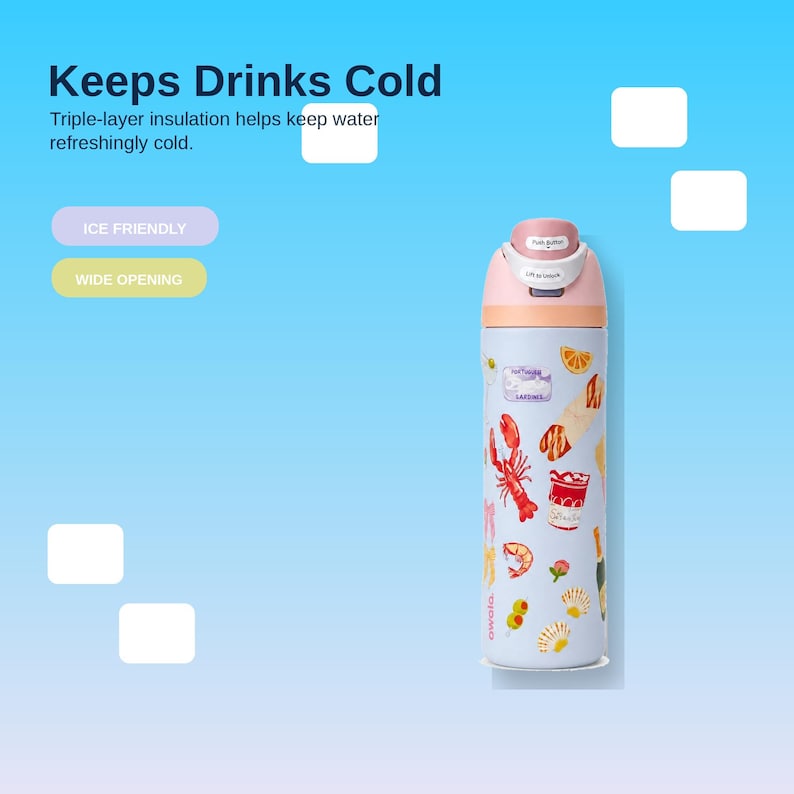 May include: A light blue insulated water bottle with a pink lid and a white body decorated with food illustrations. The bottle has the text "Keeps Drinks Cold" and "Ice Friendly" and "Wide Opening".