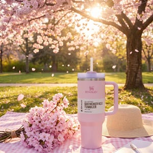 K&ouml;nnte beinhalten: Ein rosa Stanley Quencher H2.0 Tumbler mit Griff und Strohhalm, auf einer rosa-wei&szlig; karierten Decke. Ein Strau&szlig; rosa Blumen und ein Strohhut befinden sich in der N&auml;he. Der Becher tr&auml;gt den Text "THE FLOWSTATE QUENCHER H2.0 TUMBLER".