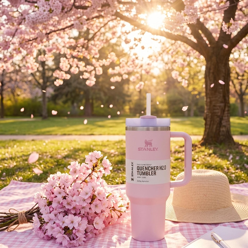 K&ouml;nnte beinhalten: Ein rosa Stanley Quencher H2.0 Tumbler mit Griff und Strohhalm, auf einer rosa-wei&szlig; karierten Decke. Ein Strau&szlig; rosa Blumen und ein Strohhut befinden sich in der N&auml;he. Der Becher tr&auml;gt den Text "THE FLOWSTATE QUENCHER H2.0 TUMBLER".