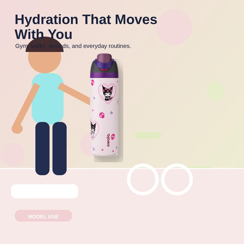 Pode incluir: Uma garrafa de &aacute;gua Owala branca com tampa roxa e preta, com um design de personagem de desenho animado e cora&ccedil;&otilde;es. A garrafa tem o texto "Hydration That Moves With You" e "Gym, walks, errands, and everyday routines."