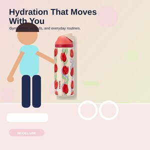 May include: A water bottle with a red tulip pattern and the text "Hydration That Moves With You". The bottle has a red lid and is held by a cartoon figure. The text "Gym, walks, errands, and everyday routines" is also visible.