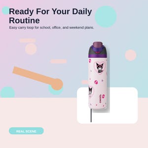 Pode incluir: Uma garrafa de &aacute;gua Owala rosa claro com uma tampa preta e roxa. A garrafa apresenta um desenho de gato de desenho animado dentro de um cora&ccedil;&atilde;o, com o texto "owala". O texto "Ready For Your Daily Routine" est&aacute; no topo.