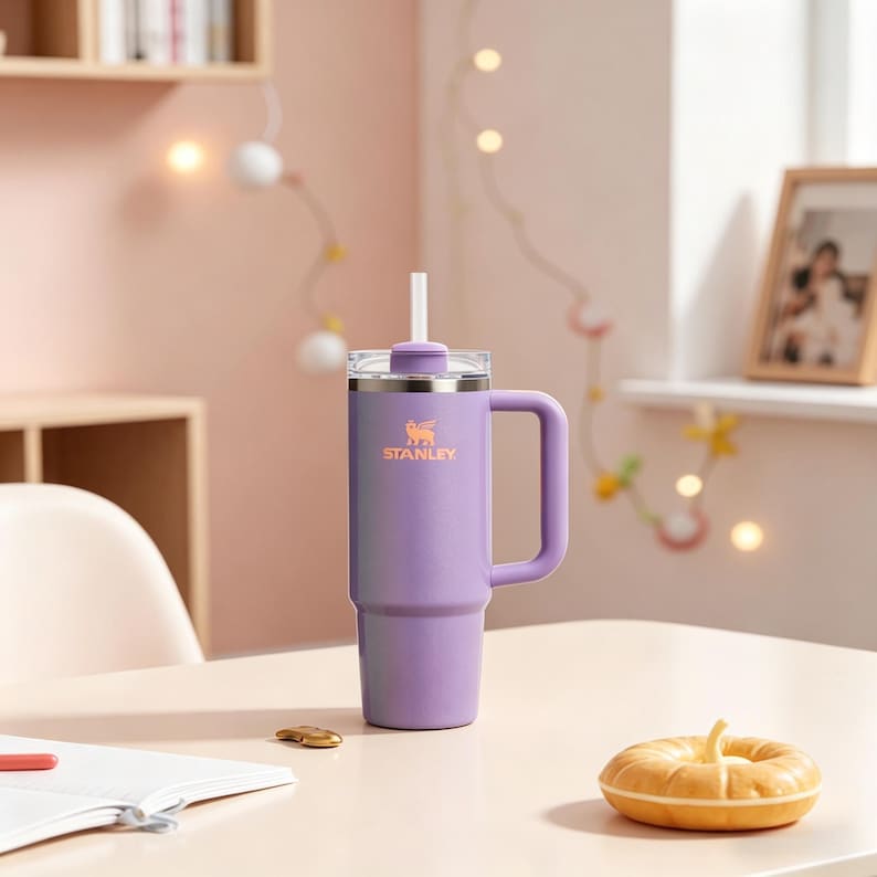 May include: A lavender Stanley tumbler with a handle and straw. The tumbler has a silver lid and the Stanley logo in orange. The tumbler is on a light-colored table.