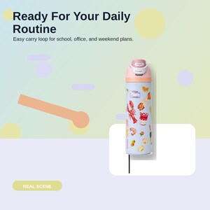 May include: A light blue water bottle with a pink lid, featuring a colorful seafood-themed pattern. The text "Ready For Your Daily Routine" is displayed at the top. The bottle has an easy carry loop and is designed for school, office, and weekend use.