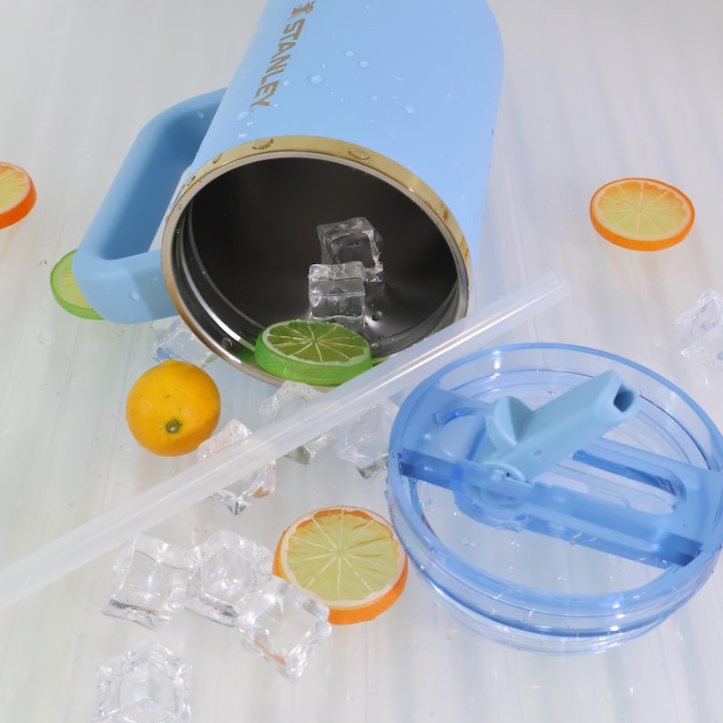May include: A light blue Stanley tumbler with a handle, open to reveal ice cubes. A clear straw and a blue lid are next to the tumbler. Decorative orange and green citrus slices are scattered around the tumbler.