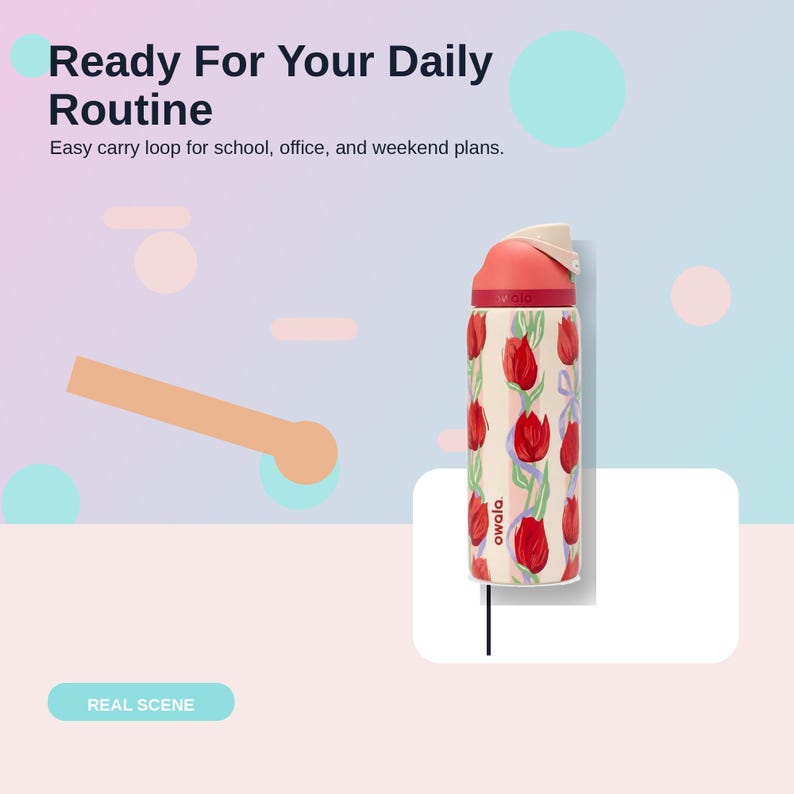May include: A white Owala water bottle with a red lid and a pattern of red tulips and green stems. The text "Ready For Your Daily Routine" and "Easy carry loop for school, office, and weekend plans" are visible.