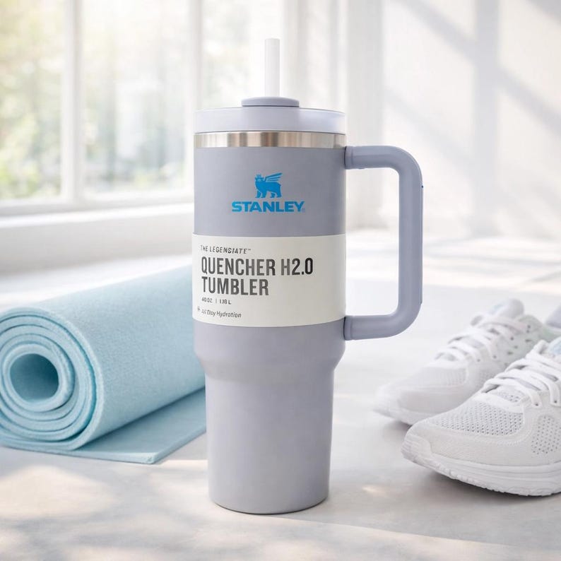 May include: A gray Stanley Quencher H2.0 tumbler with a handle and straw, next to a blue yoga mat and white sneakers. The tumbler has the Stanley logo and the text "QUENCHER H2.0 TUMBLER". It holds 40 oz (1.18L).